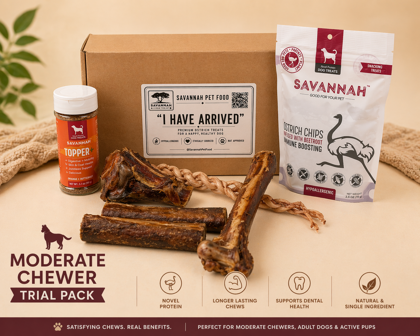 Dog treat packaging labeled 'Savannah Ostrich Foot Bone,' with flowers and herbs.