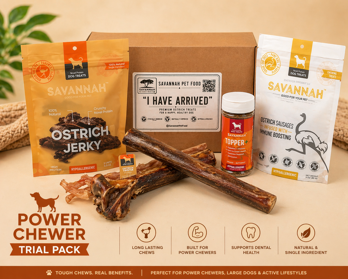 Dog treat package of ostrich gizzard strips on wooden surface.