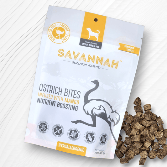 Ostrich Bites with Mango. Hypoallergenic & Nutritious Dog Treats - Savannah, 3oz