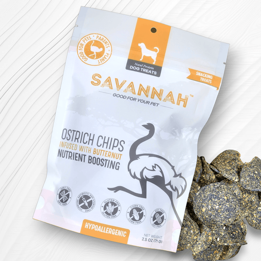 Ostrich Chips with Butternut. Hypoallergenic with Nutritious Butternut Dog Treats - Savannah, 2.5oz