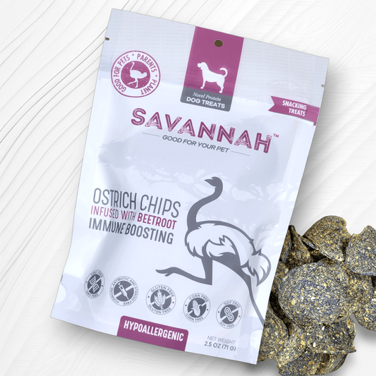 Ostrich Chips with Beetroot. Hypoallergenic Immune Boosting Dog Treats - Savannah, 2.5oz