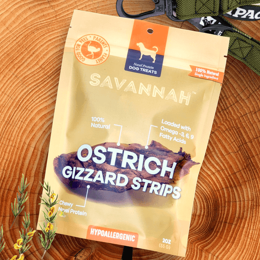 Chewy Ostrich Gizzard Strips. Protein & Omega-3 rich, Natural Dog Chew Treat by Savannah Pet Food